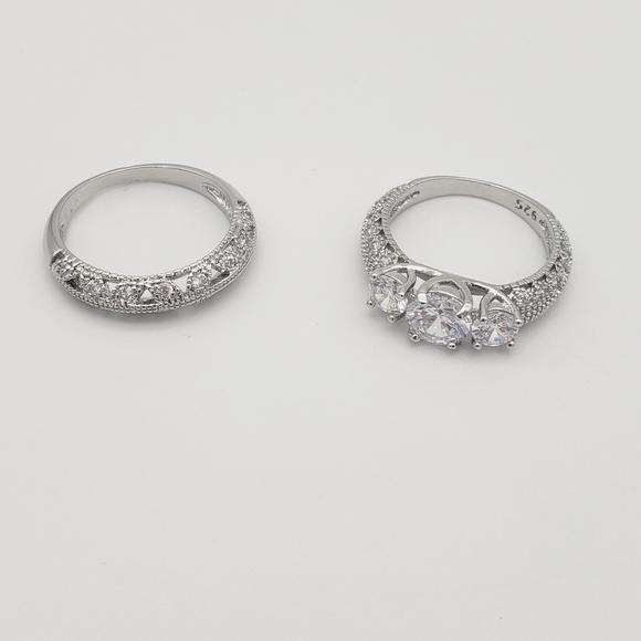 Boutique Jewelry - S925 Sterling Silver Filigree CZ Wedding Ring Set